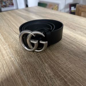 Gucci Wide Black Leather Logo Belt With Silver GG